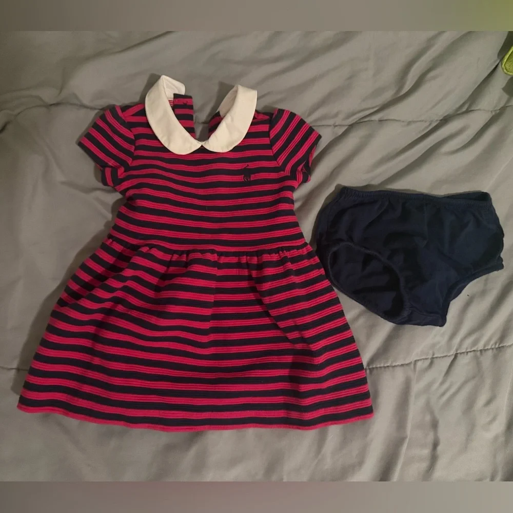Like New! Ralph Lauren Striped Pink and Navy Pan Collar Dress with Bloomers
